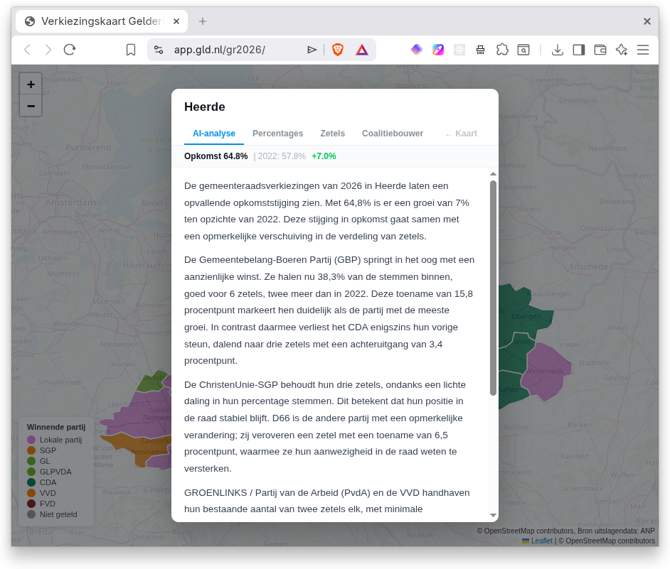 AI-generated election analysis on Omroep Gelderland's interactive map