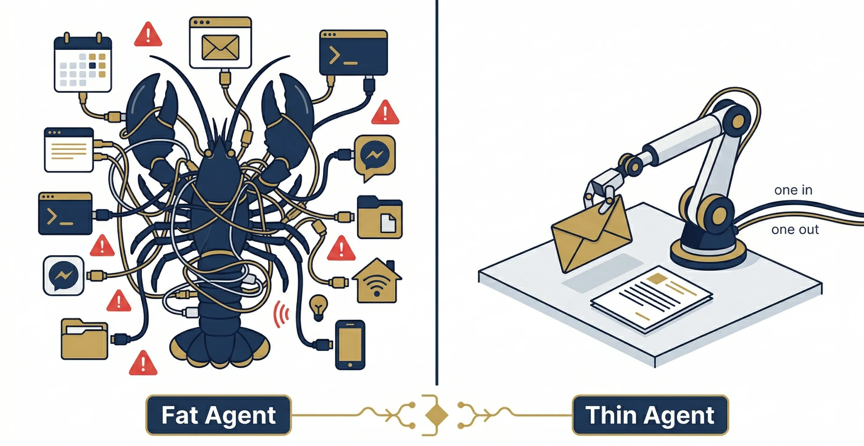 Fat Agent vs Thin Agent — a lobster connected to everything versus a robot arm doing one thing well