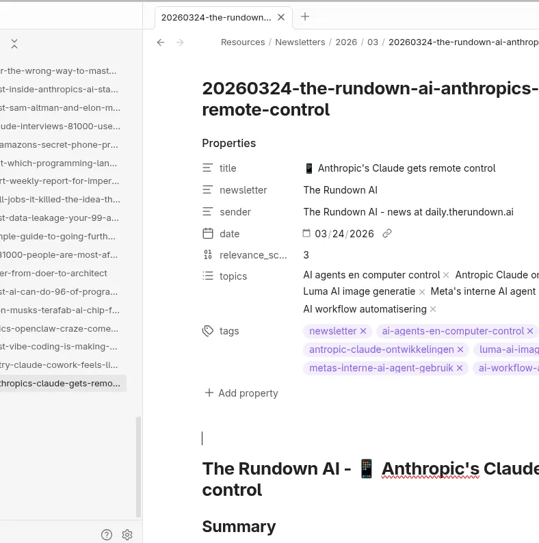 Newsletter summaries in Obsidian, with metadata, topics and tags