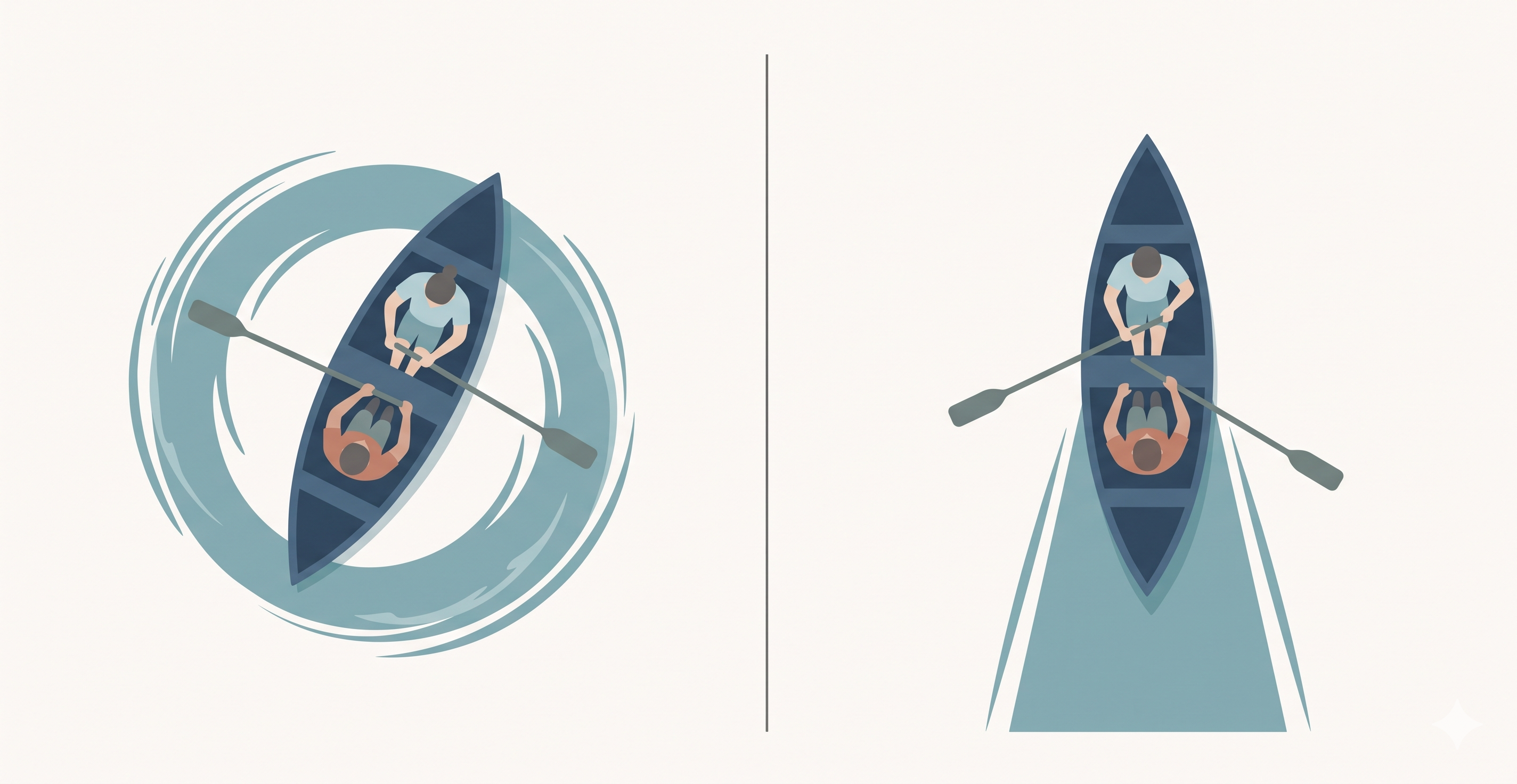 Two rowers in a boat. Are you rowing in the same direction?